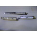 Three silver bladed penknives, one with mother of pearl handle