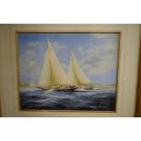 Ken Hammond; A painting of 'J' Class racing yachts near shoreline, signed 49.5 x 39cm
