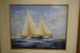 Ken Hammond; A painting of 'J' Class racing yachts near shoreline, signed 49.5 x 39cm