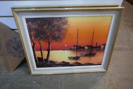 2 Modern oil on canvas sunset scene in harbour, dated 89