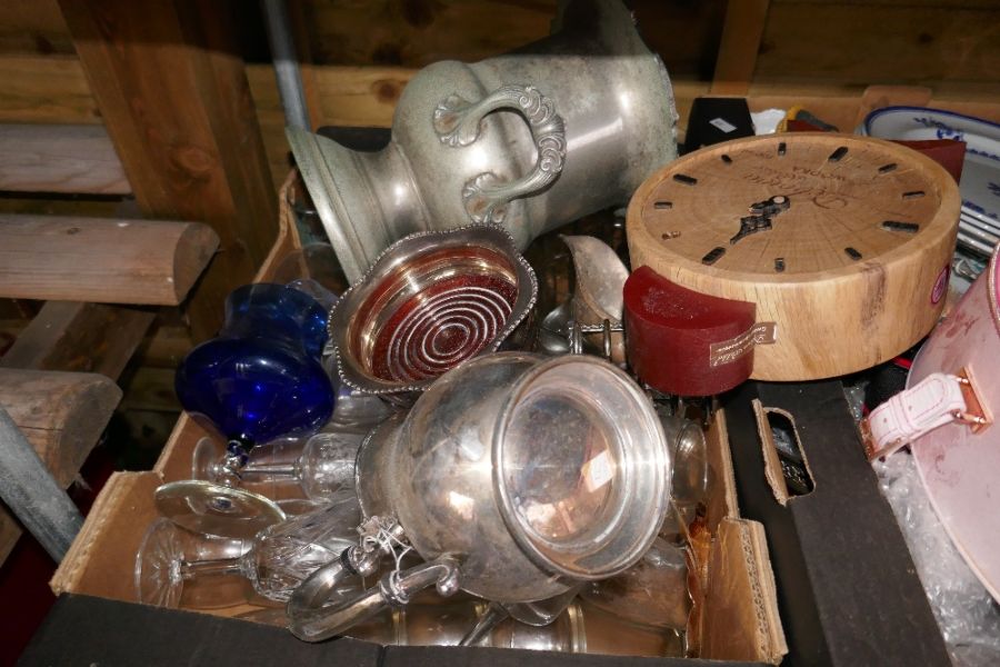 A shelf of sundry, including china, glass, metalware, etc and a small collection of Britain's figure