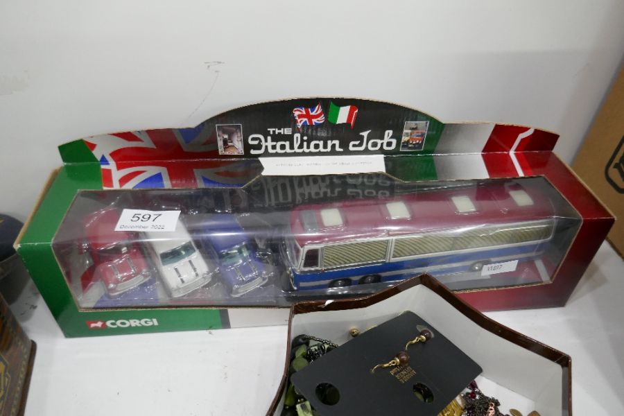 A Corgi Italian Job three piece Mini set with blue and White coach, in original box, number 36502