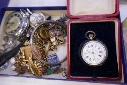 Tray of vintage costume jewellery including similar enamel bangle, silver filigree brooch, cased con