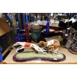 A selection of china and glassware resin dog figure A/F, and a brass wagon