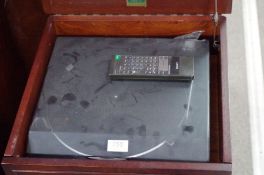 A Sony stacking Hi-Fi system with 5 disc CD player in mahogany case with pair of speakers, one other