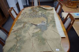 A late 19th Century needlework embroidery of Peacock in tree (poor condition) 130 x 84cms approx