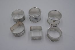 A selection of six silver napkin rings of various designs and hallmarks, very decorative. 3.13 ozt a
