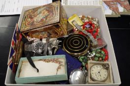 Box mixed vintage costume jewellery, compacts, pocket watches, wristwatches etc