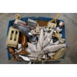 Box of wooden figures of fish and puffins. Along with sundry etc