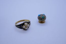 Antique 18ct yellow gold mourning ring with black enamel seed pearl and central diamond with Contine