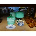 A set of vintage glassware including Murano style lidded vanity jars, a small ladies watch, trinket