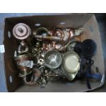 A mixed box of brass and copperware