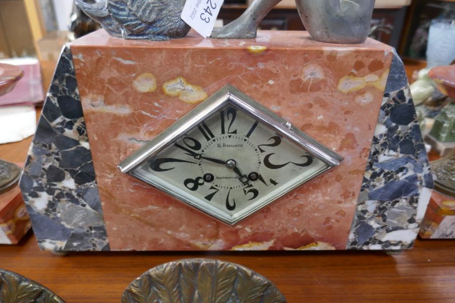 A French marble Art Deco clock garniture, the clock decorated seated nude beside Swan - Image 7 of 11