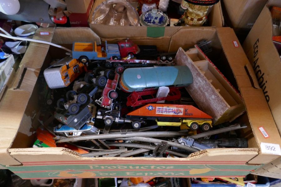 Two boxes of mixed die cast railway items, etc