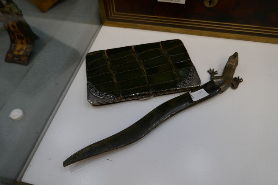 A silver decorated Victorian card case with crocodile leather outer and a lizard letter opener