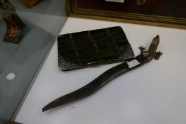 A silver decorated Victorian card case with crocodile leather outer and a lizard letter opener