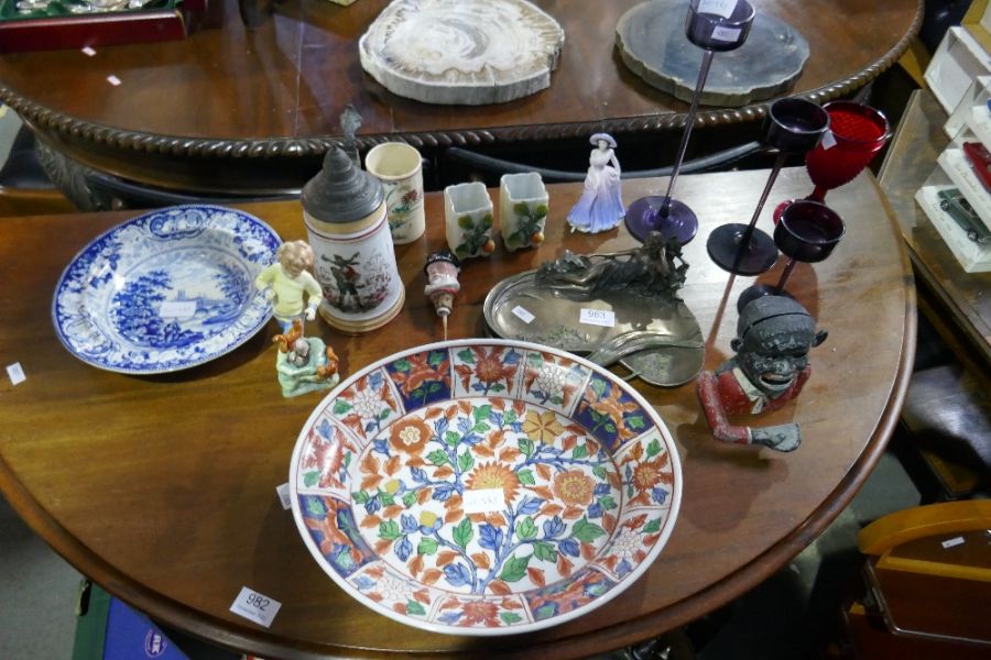 A Royal Worcester figure 'October' three graduated Wedgwood glass candlesticks and sundry