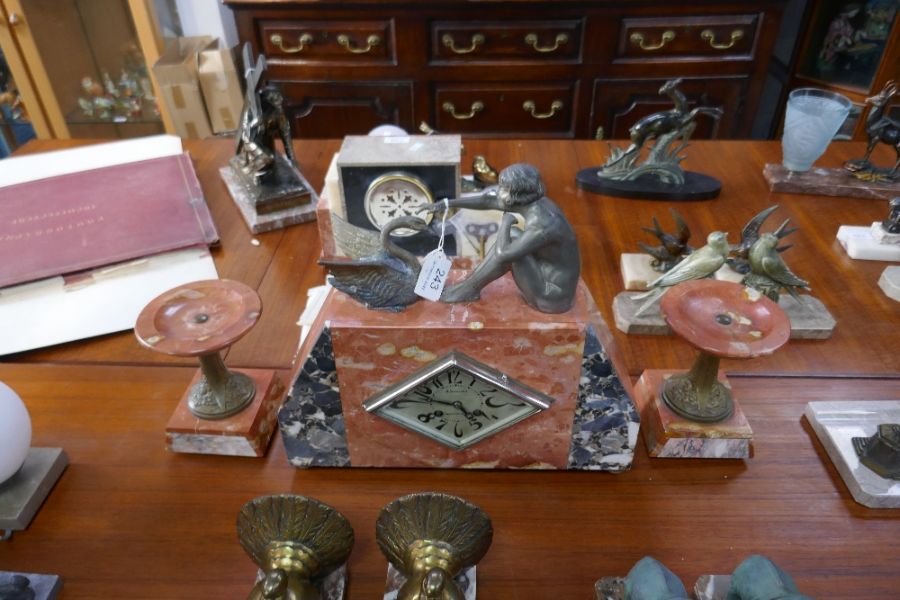 A French marble Art Deco clock garniture, the clock decorated seated nude beside Swan - Image 6 of 11