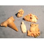 Three signed ivory type carved & coloured pieces - an owl, a rabbit with fruit, and a mouse; a