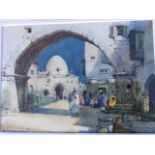 Noel Henry Leaver, watercolour, orientalist street scene with figures through arch, signed, titled