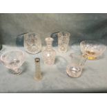 Miscellaneous glass bowls, vases, a decanter & stopper, one with hallmarked silver rim -