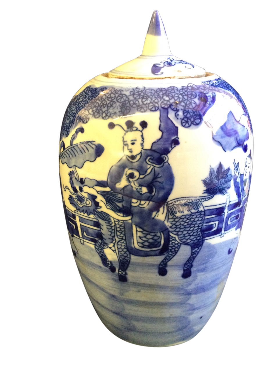 A Chinese blue & white porcelain jar & cover decorated with three figures in front of fence, the lid