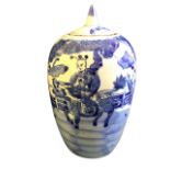 A Chinese blue & white porcelain jar & cover decorated with three figures in front of fence, the lid