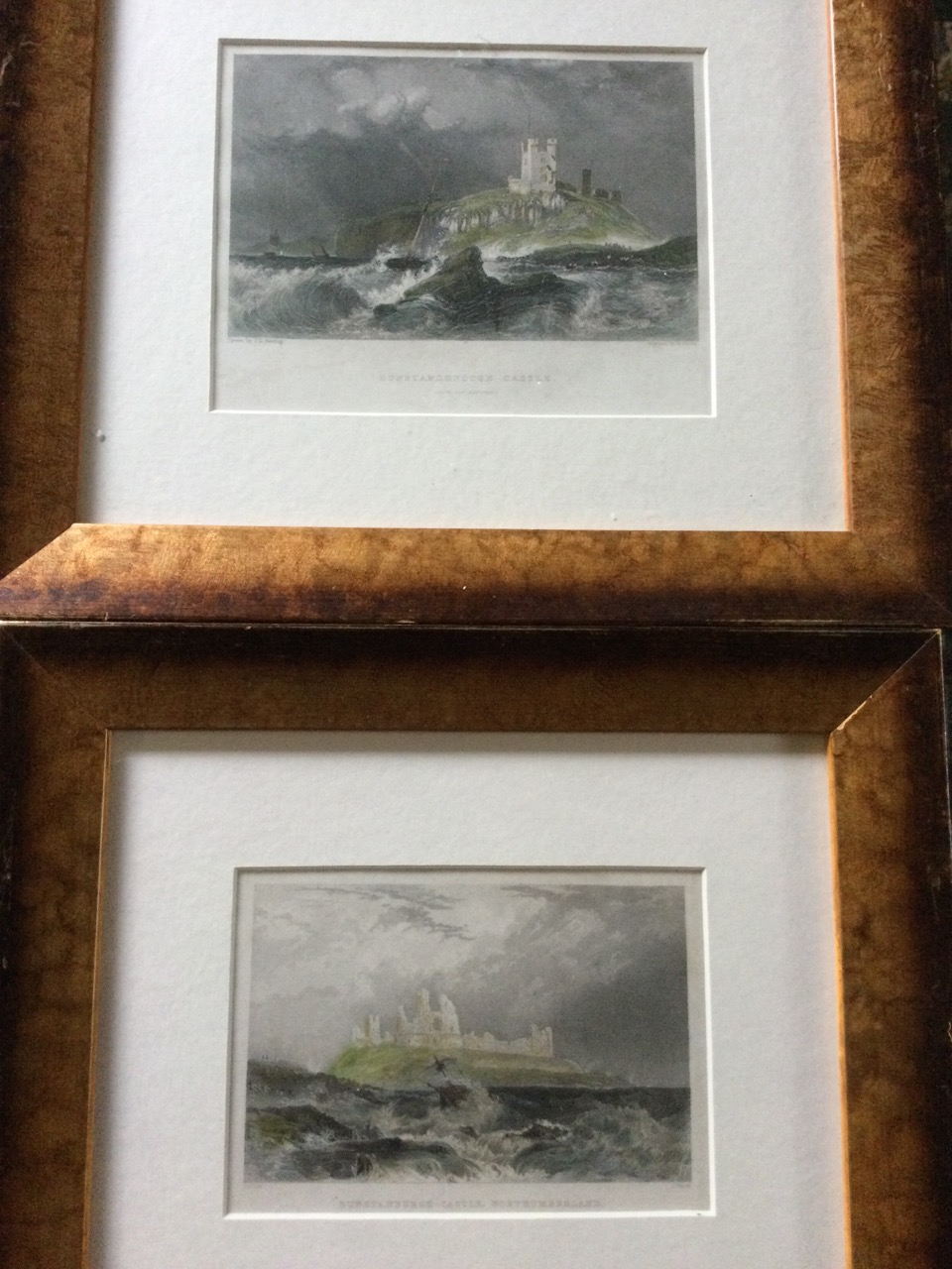 A pair of mounted and gilt framed nineteenth century handcoloured steel engravings of Dunstanburgh - Image 3 of 3