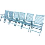 A set of six painted folding garden armchairs with slatted backs & seats, supported on rectangular