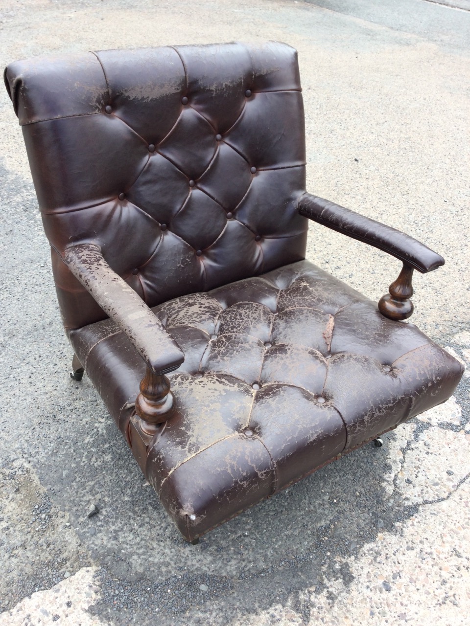 A leather button upholstered armchair, the wide brass studded seat having armrests on fluted - Image 2 of 3