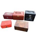 Five leather bound jewellery boxes, some with internal trays & drawers, two modern, one Victorian