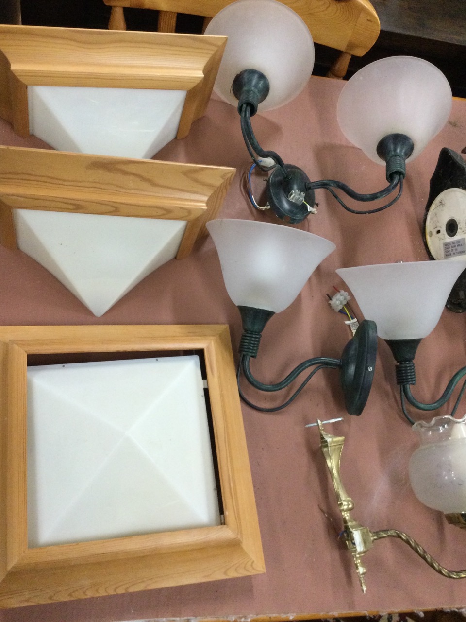 A quantity of electric wall lights - mainly with glass shades, pairs, a set of three external with - Image 2 of 3