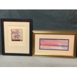 Andy Hawkins, watercolour, seaside pier with red sky, signed in pencil, mounted & framed; and a