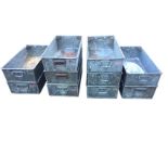 Ten rectangular stacking galvanised boxes with rolled rims, having swinging carrying handles to
