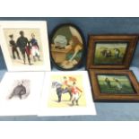 A pair of Edwardian framed European prints; a pair of unframed military prints; an unframed