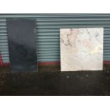 A rectangular polished slate slab - 46in x 24in; and a square polished variegated marble slab - 38in
