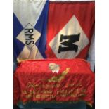 A red Russian flag with head of Lenin to one side above banner, the verso with hammer & sickle