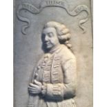 An eighteenth century carved marble panel of David Hume, the waist portrait beneath banner in carved