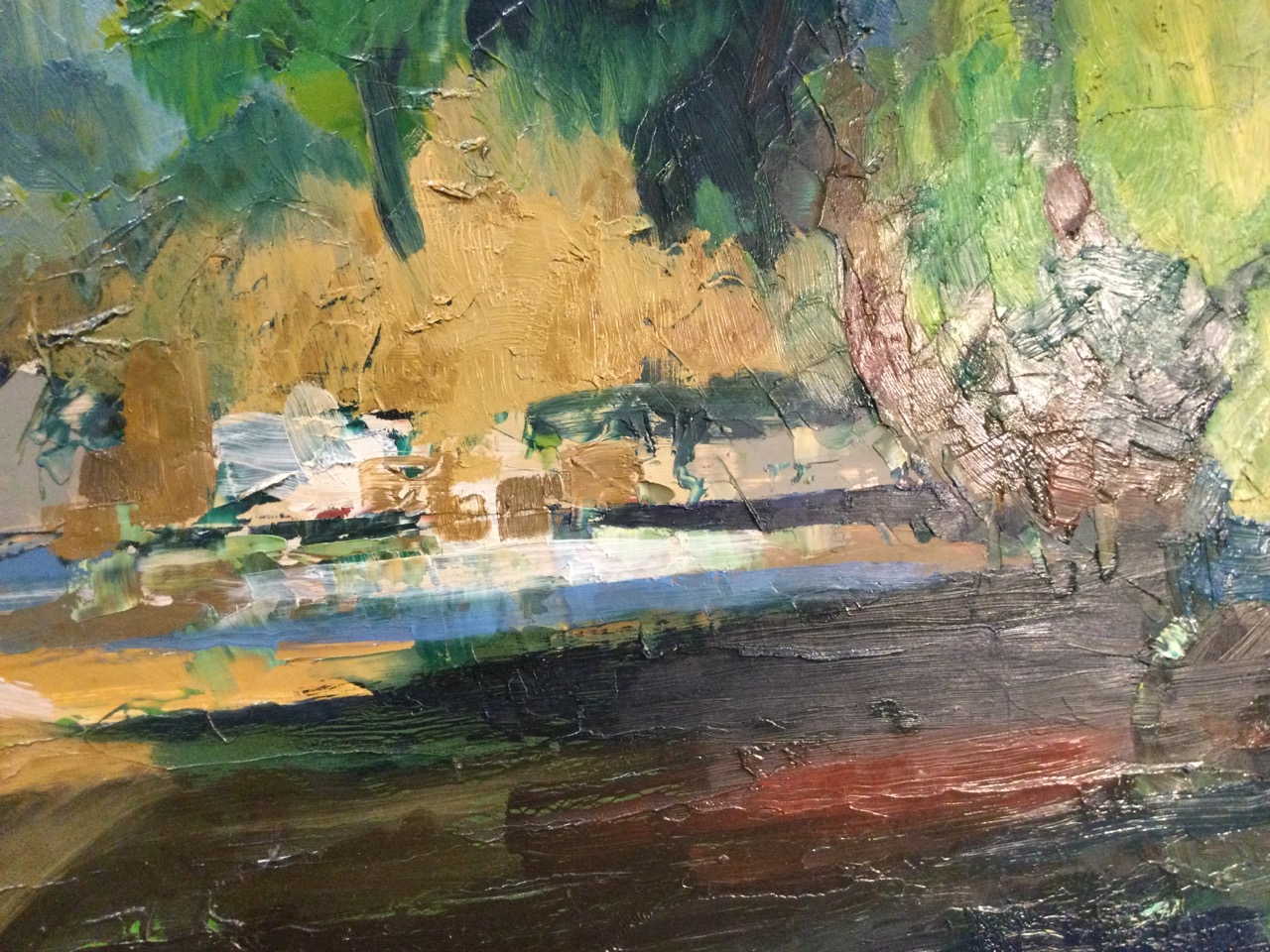 C20th oil on board, river landscape, painted in thick impasto, unsigned, framed. (47.75in x 23.5in) - Image 3 of 3