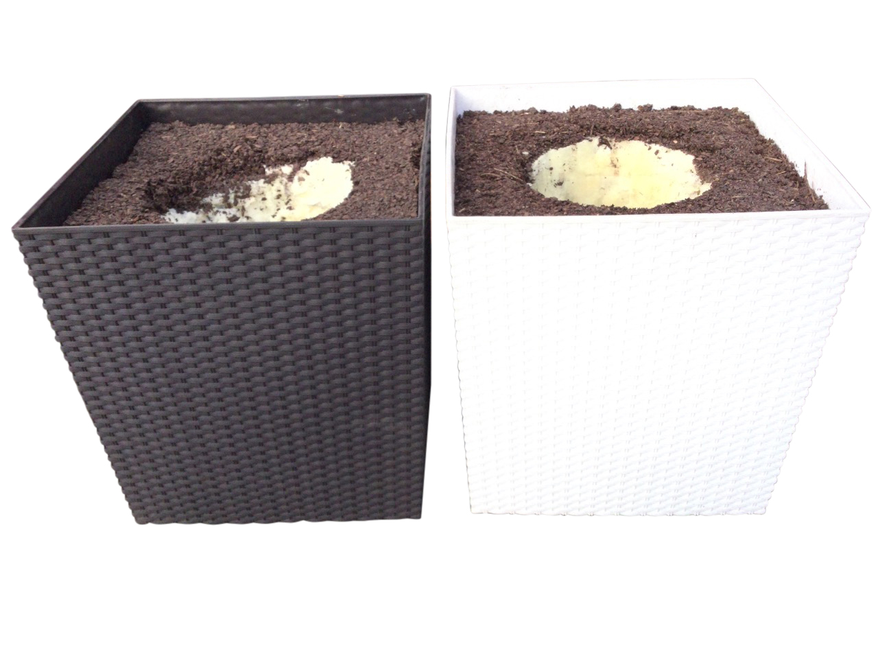 A pair of square tapering new garden tubs in a basketweave type finish - black & white. (15.5in x
