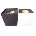 A pair of square tapering new garden tubs in a basketweave type finish - black & white. (15.5in x