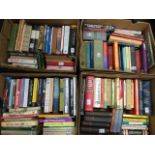 Four boxes of books - reference, novels, humour, Christianity, travel, history, a set of four