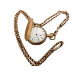 A 9ct gold pocket watch & chain by Waltham with foliate engraving to case, having enamelled dial