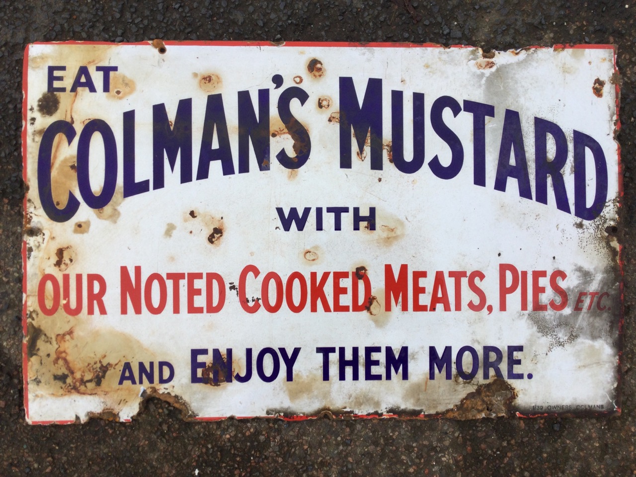 A rectangular enamelled advertising sign - Eat Colman’s Mustard with Our Noted Cooked Meats, Pies, - Image 2 of 3