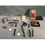 Miscellaneous items including a pressed glass desktidy with twin inkwells, four fountain pens,