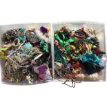 Two boxes of costume jewellery - bangles, beads, watches, brooches, hair clips, paste diamonds,