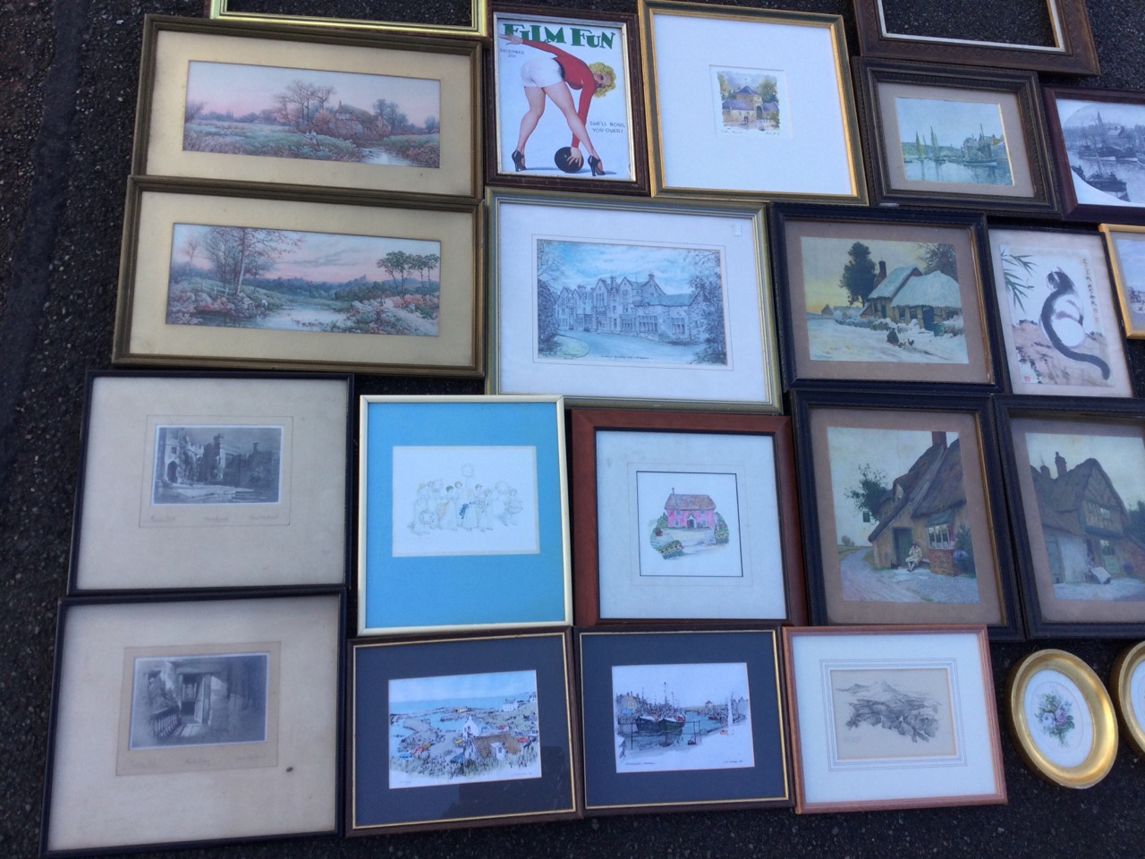 A box of old framed prints, Eyemouth views, landscapes, carved old frames, some signed, pairs, - Image 2 of 3