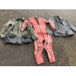 A red leather bikers suit; a leather jacket by Mauritius International; and a waxed jacket with