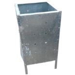 A square galvanised metal garden brazier with pierced sides on angled legs - unused. (15.5in x 15.