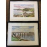 Maisy Hay, watercolour, study of the Tweed from the old castle, signed, mounted & framed; and JR